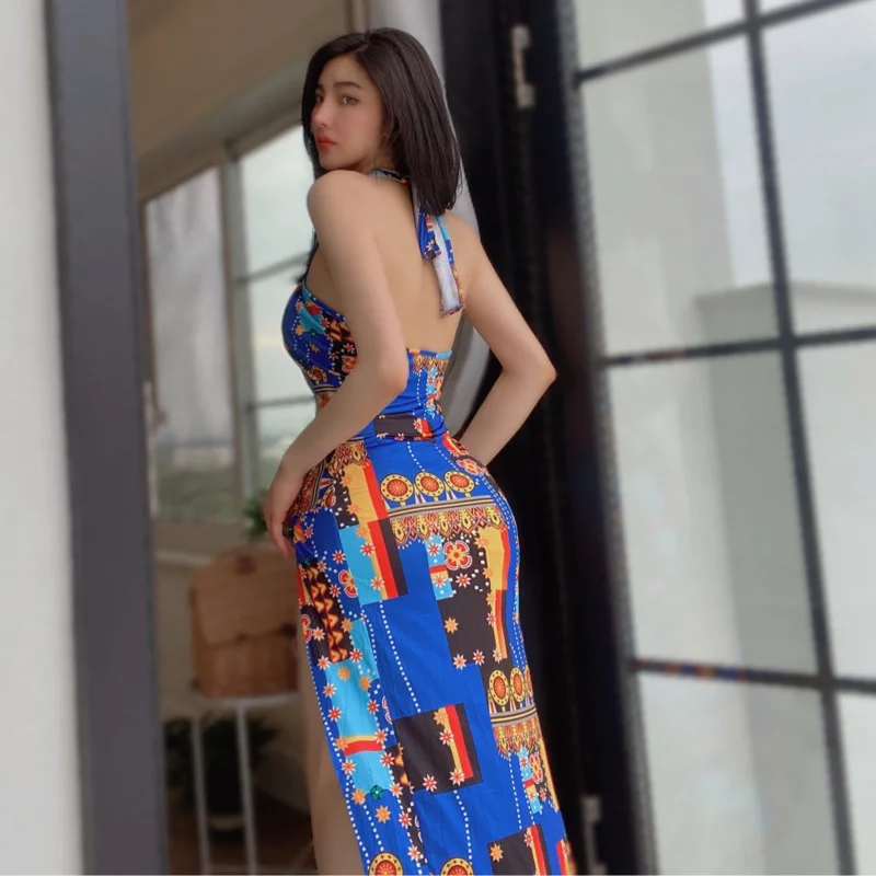 

TVVOVVIN 2022 Summer Beach Holiday Print Cross Neck Lace Up Irregular Split Sexy Maxi Dress Long Hot Sexy Korean Women 2CNO