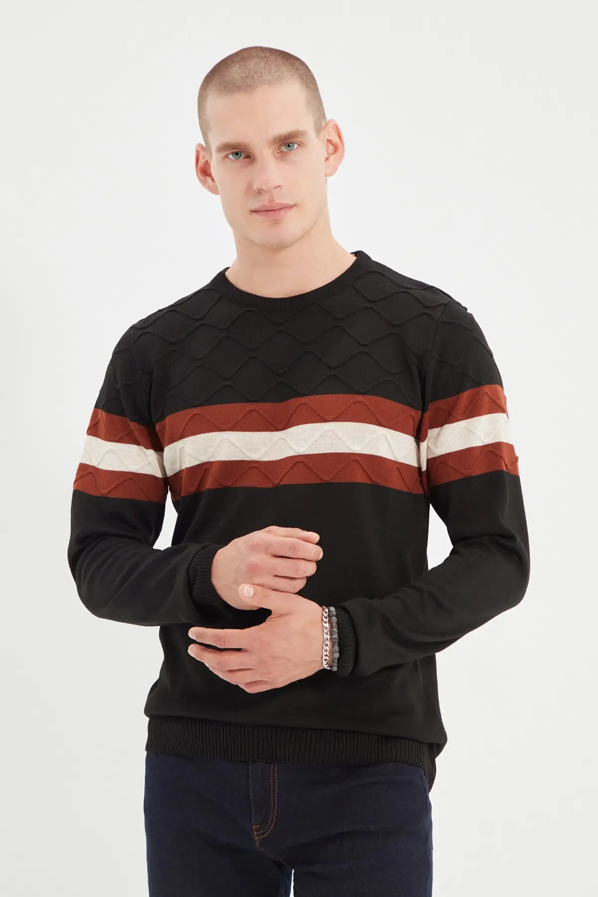 

Trendyol Male Slim Fit Bike Collar Line Panelli Knitwear Sweater TMNAW22KZ0620