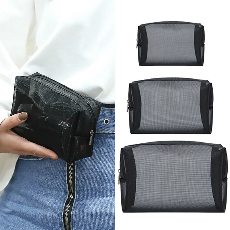 

Cosmetic Bag Women Portable Mesh Makeup Bag with Zipper Organizer Lipstick Brush Transparent Bag Student Toiletry Pencil Case