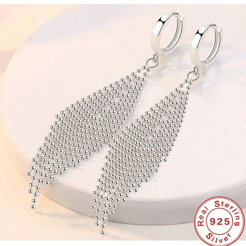 

New 925 Sterling Silver Long Earrings Tassel Beads Long Earrings For Women'S Wedding Fashion Jewelry Gifts