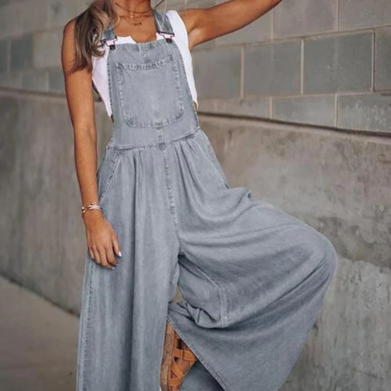 New Loose Side Pocket Sleeveless Denim Strap Pants 2023 Summer Women's Clothing Solid Color Buttons Large Pocket Trousers Casual