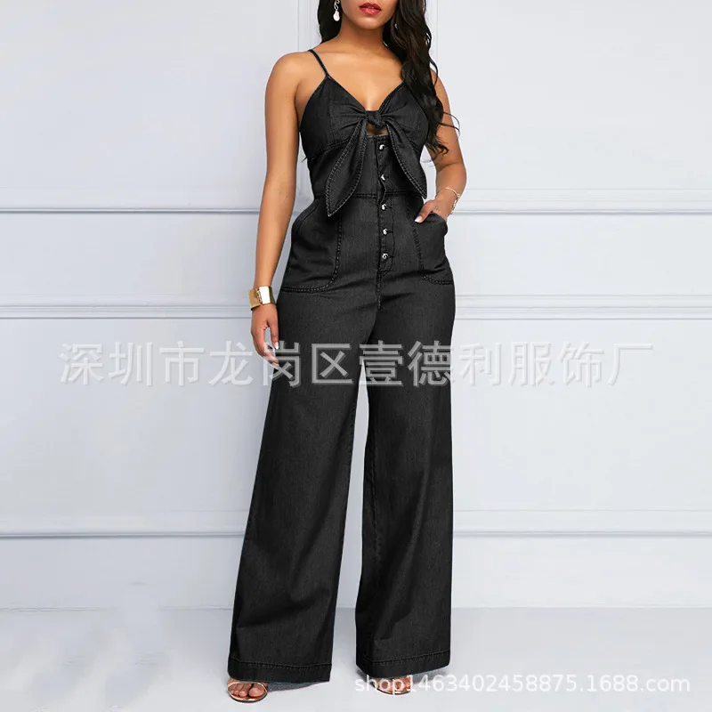 2021 Spring and Autumn Women's New Fashion Casual Bowknot Sling One-piece Denim Sexy Trousers Wide Legs Jumpsuit Women