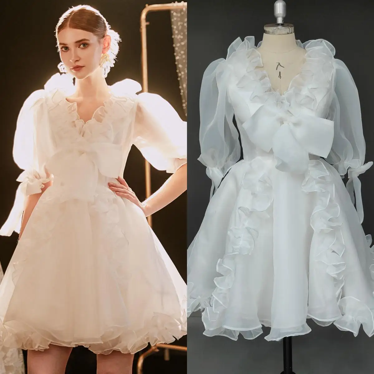 

Женское свадебное мини-платье с V-образным вырезом и рукавами-фонариками