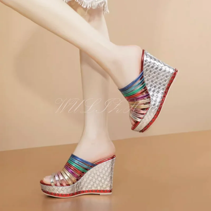Color striped silver shiny wedge sandals woman peep toe platform hollow sexy heels Sequins Mixed Colors gold blue striped shoes