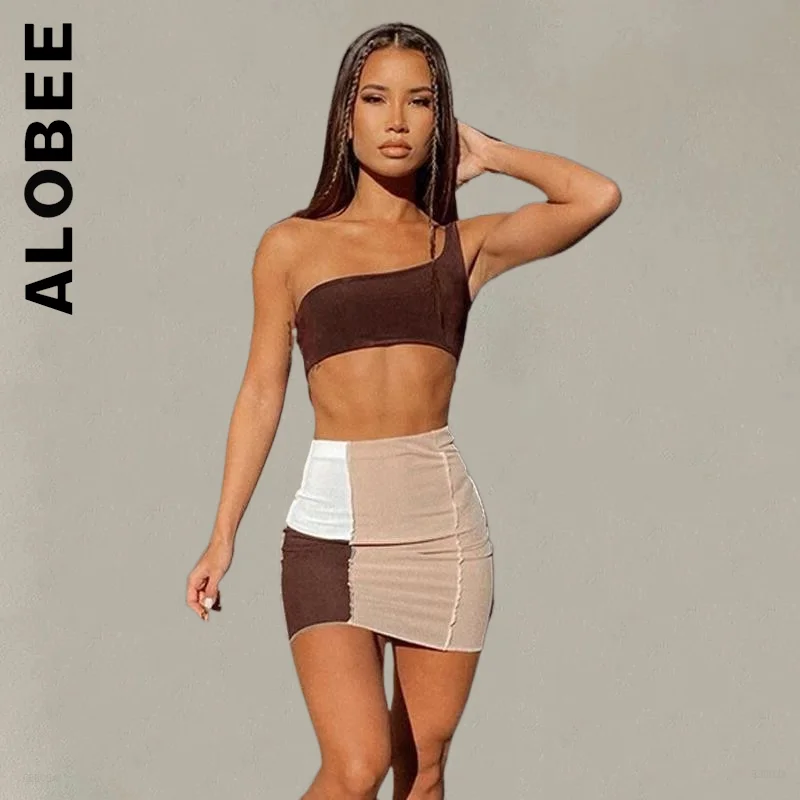 

Alobee One Shoulder Tank Top And Skirts Skinny Mini Dress Tracksuit Elegant 2 Piece Set Soft Lady Women's Tracksuit Set Female