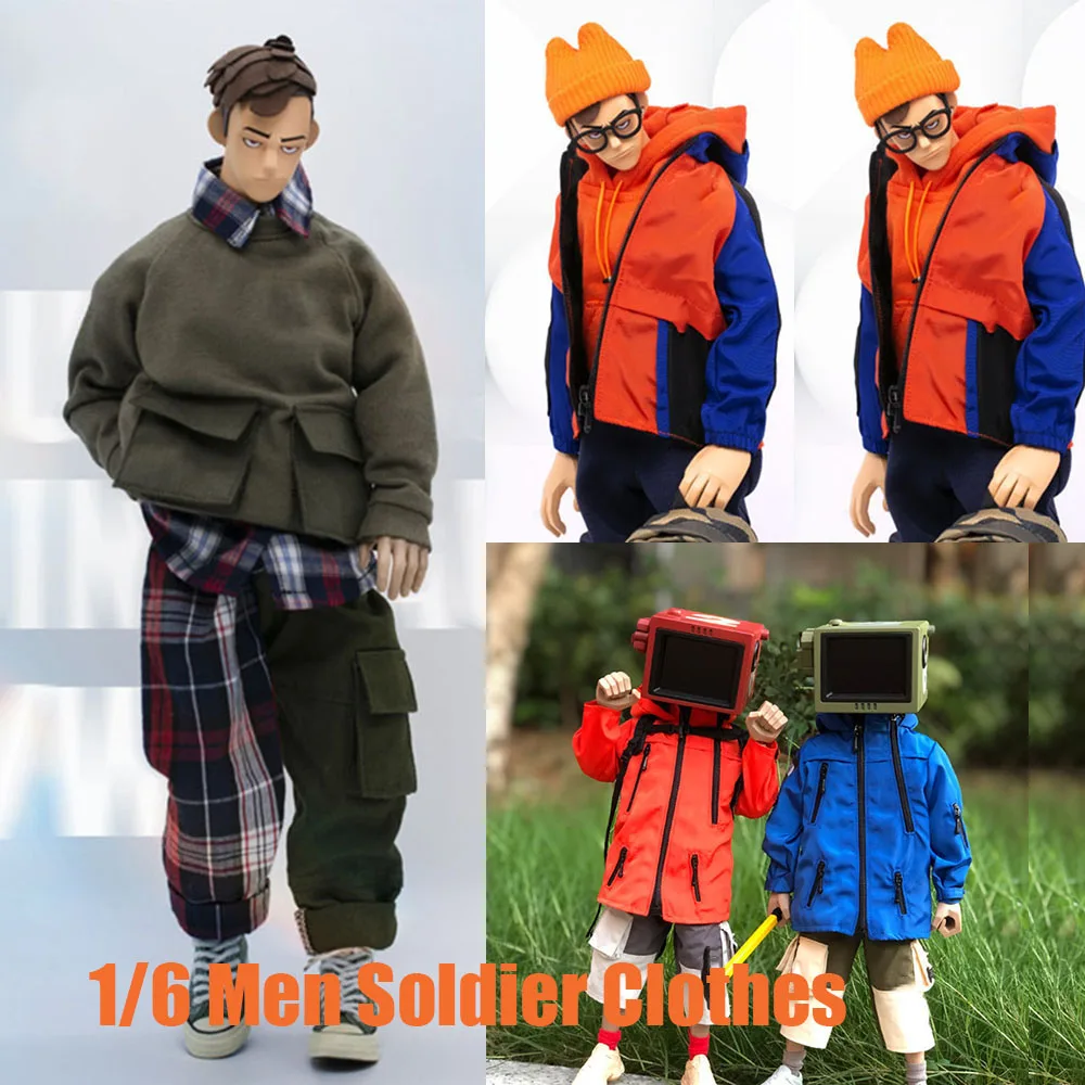 

1/6 Men Soldier Jacket Street Hip Hop Parka Pullover Zipper Coat Long Sleeve Sport Tops Shirt 12" Action Figure Model