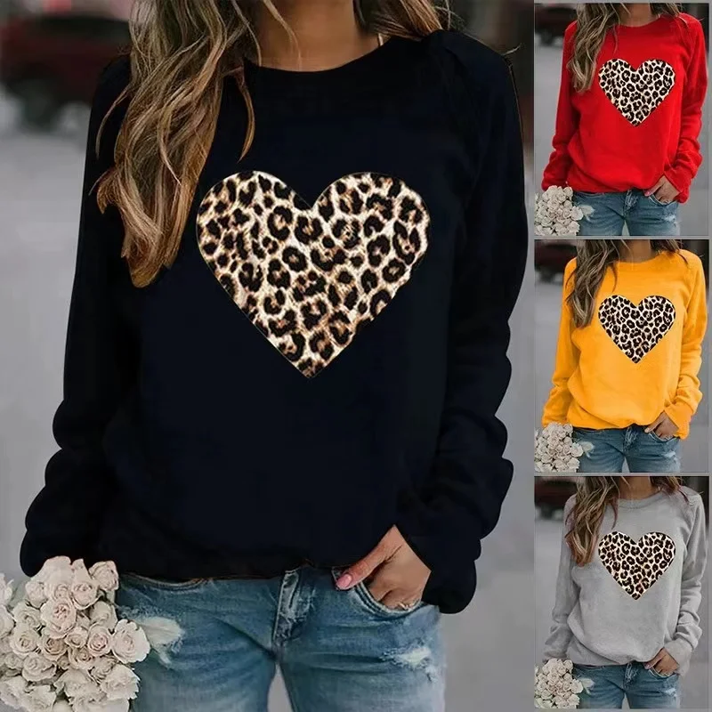 

2022 New Ladies Tops Round Neck Leopard Print Love Printed Sweater Autumn and Winter Casual Long-Sleeved T-shirt Loose Women Top