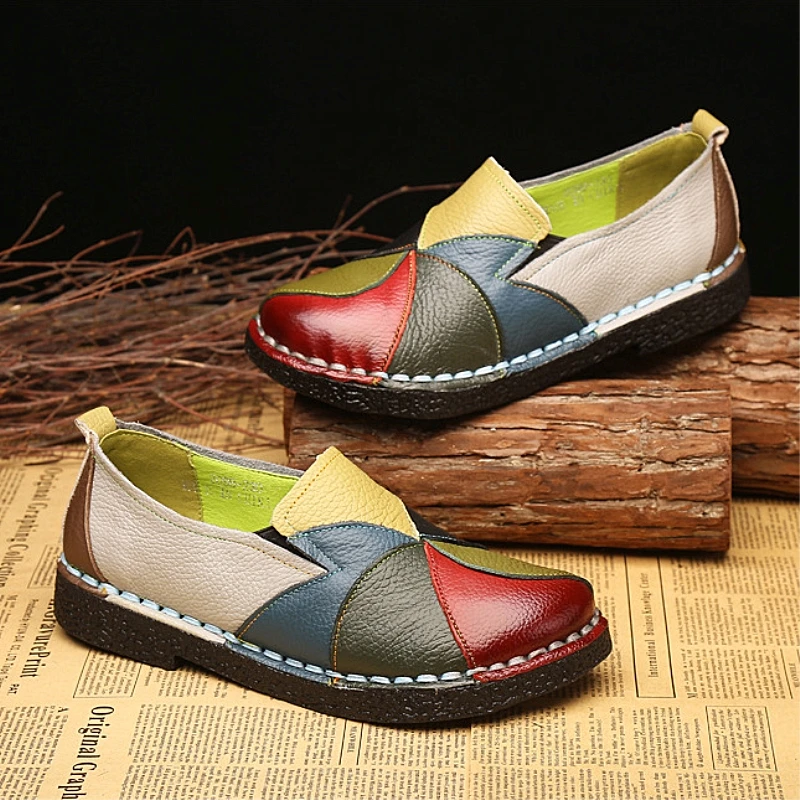 Women's Leather Flats Color Stitching Walking Shoes Comfortable Casual Loafers Women's Soft Flat Single Size 35-42