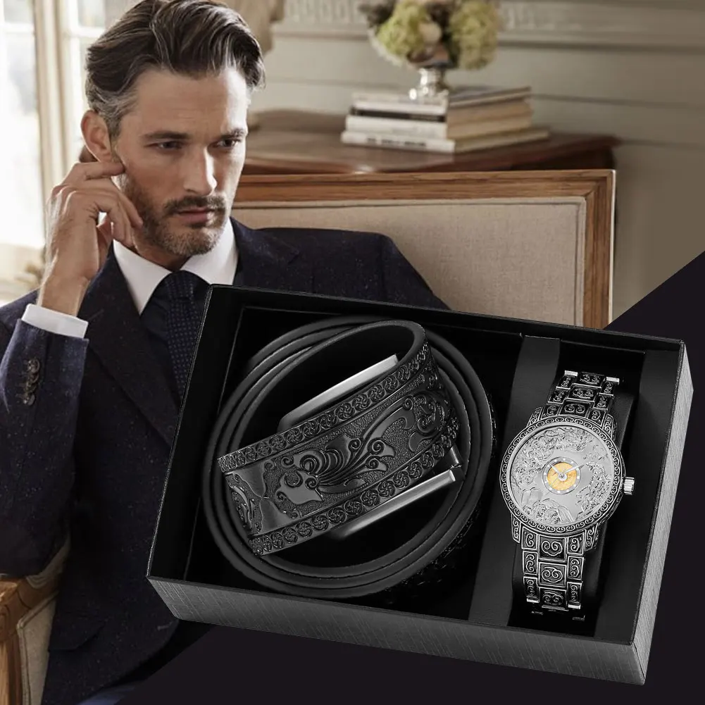 

Vintage Wrist Watches Belt for Men Stainless Steel Quartz Wristwatches Luxury Carved Pattern Leather Waist Belt Gift for Husband
