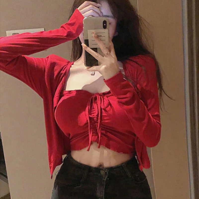 

2021 Two Pieces Set Vest Cardigan T-Shirt Autumn Women Female T Shirt Tee Ladies Tops Solid Cotton Sexy Slim Spring Skinny Tops