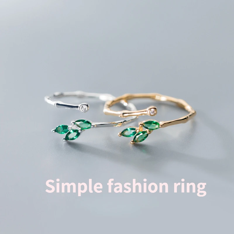 

Female Korean Fashion Design Sense of Bamboo Leaf Inlaid with Diamond Opening Ring Size Adjustable Gift