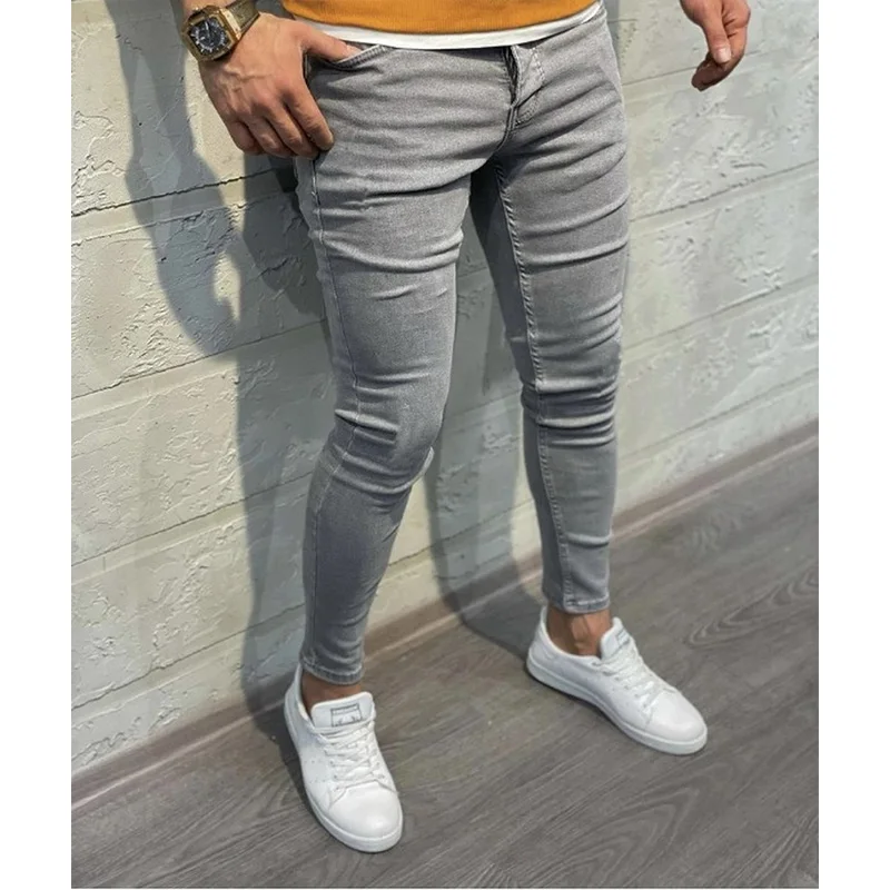 Mens Jeans Elastic Tight Legged Jeans Solid Pencil Pants Streetwear Men Skinny Denim Jeans Full Length Trousers