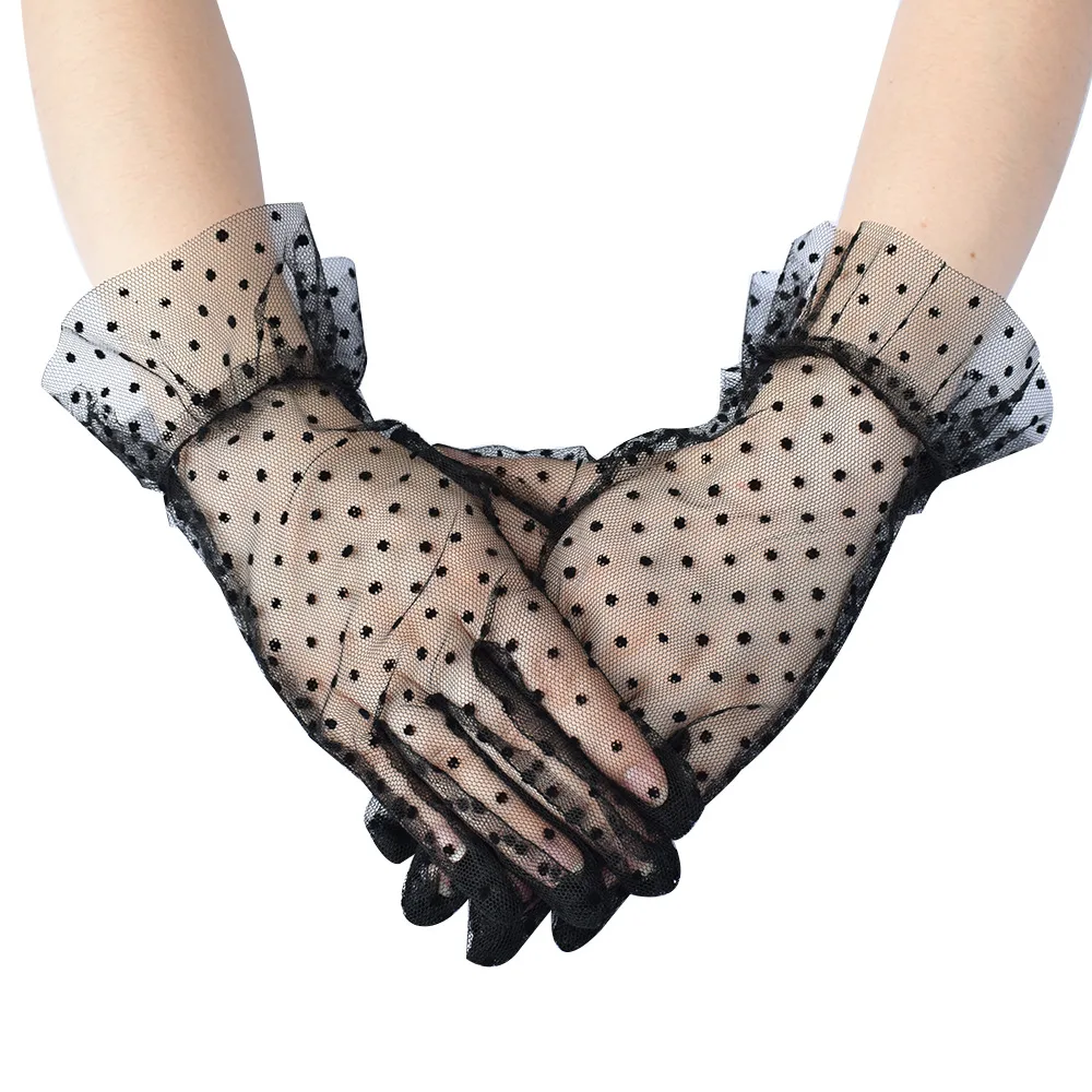 

1 Pair Autumn Summer Sexy Lace Polka Dots Mesh Gloves Stretchy Short Tulle Full Finger Mittens Women Elegant Wedding Gloves