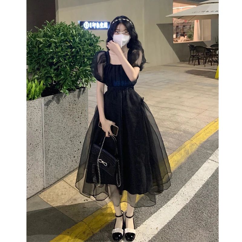 

Organza Dress women's summer 2022 new French retro waist open back design short sleeve skirt with large hem