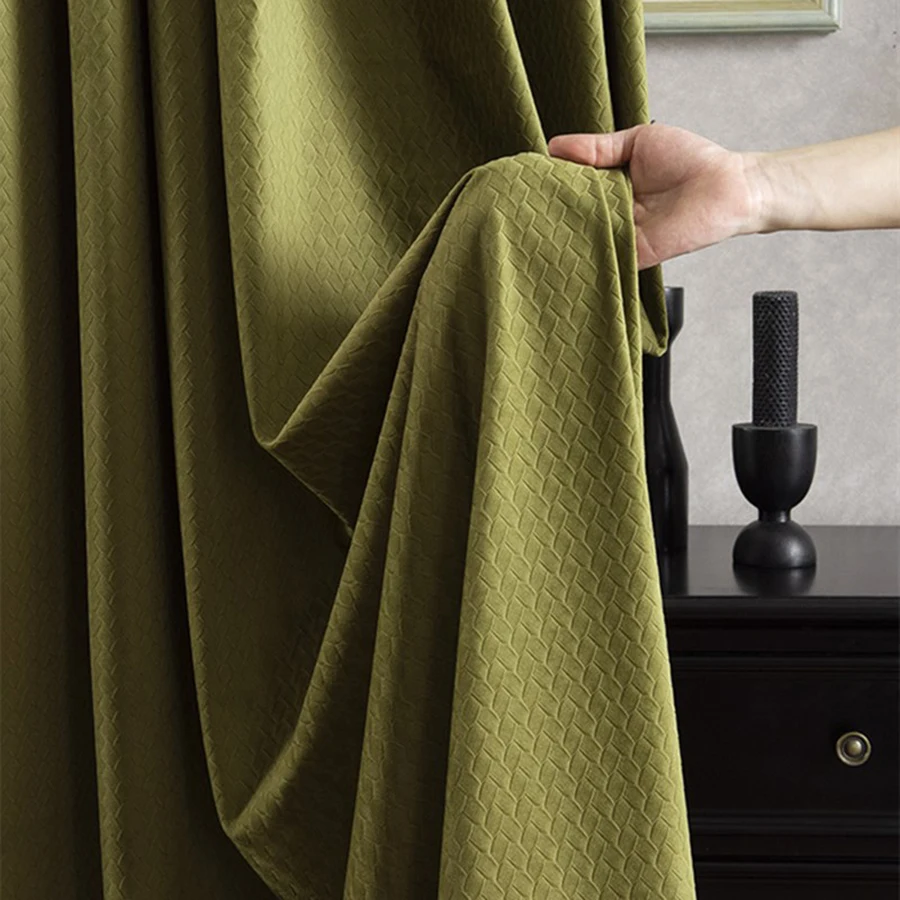 

Nordic Texture Olive Green Velvet Luxury Flannel Blackout Curtains for Living Room Lattice Weave Thermal Insulated Bedroom