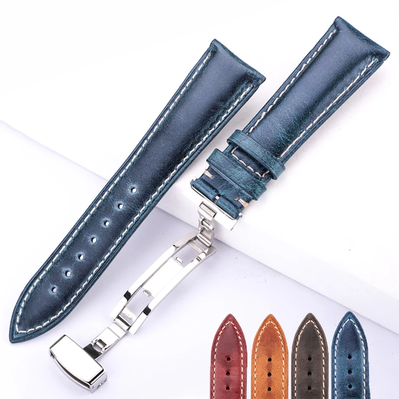 Oil Wax Cowhide Watch Band 18mm 20mm 22mm 24mm Blue Yellow Green Women Men Genuine Leather Strap Belt Butterfly Clasp Watchbands