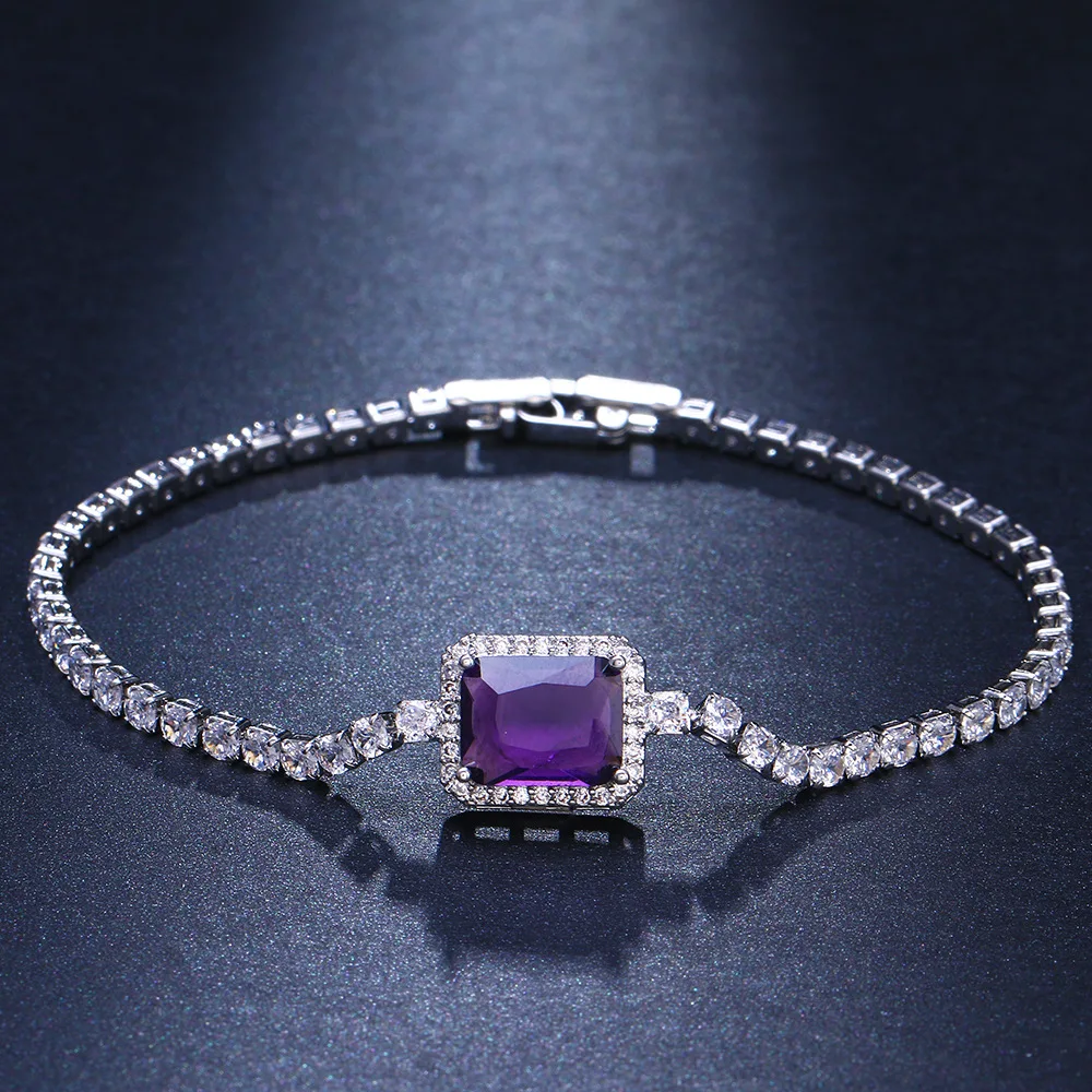 

European Temperament Rectangular Purple Ruby Zircon Bracelet Elegant Date Party Elegant Gift Valentine'S Day Fashion Banquet Jew