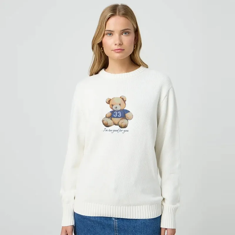Женский свободный трикотажный свитер с принтом медведя