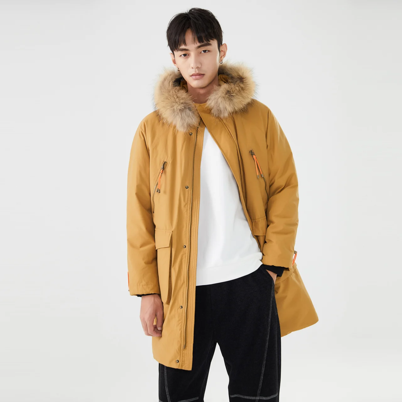 Metersbonwe Solid Color Wadded Clothes For Man Large Fur Collar Hooded Warm Wear Casual Loose Winter Cotton-Padded Coat