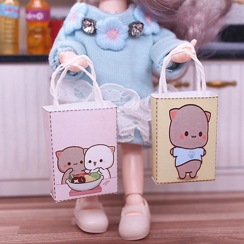 

1 шт. Миниатюрный Кукольный домик с мультяшным котом, сумка-тоут, бумажный мешок, модель сумки, декоративная игрушка для гостиной