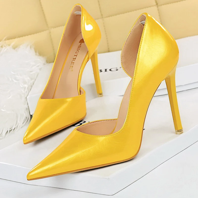 

Туфли BIGTREE женские из лакированной кожи, высокий каблук 11 см, пикантная модная свадебная обувь, туфли-лодочки, желтые