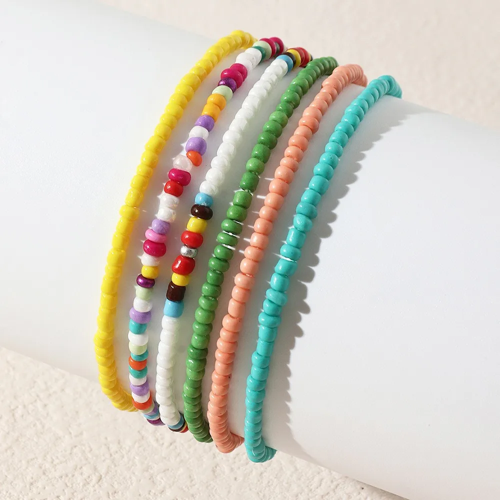 

New 2022 Summer beach simple fashion six stacked hand-beaded color anklet
