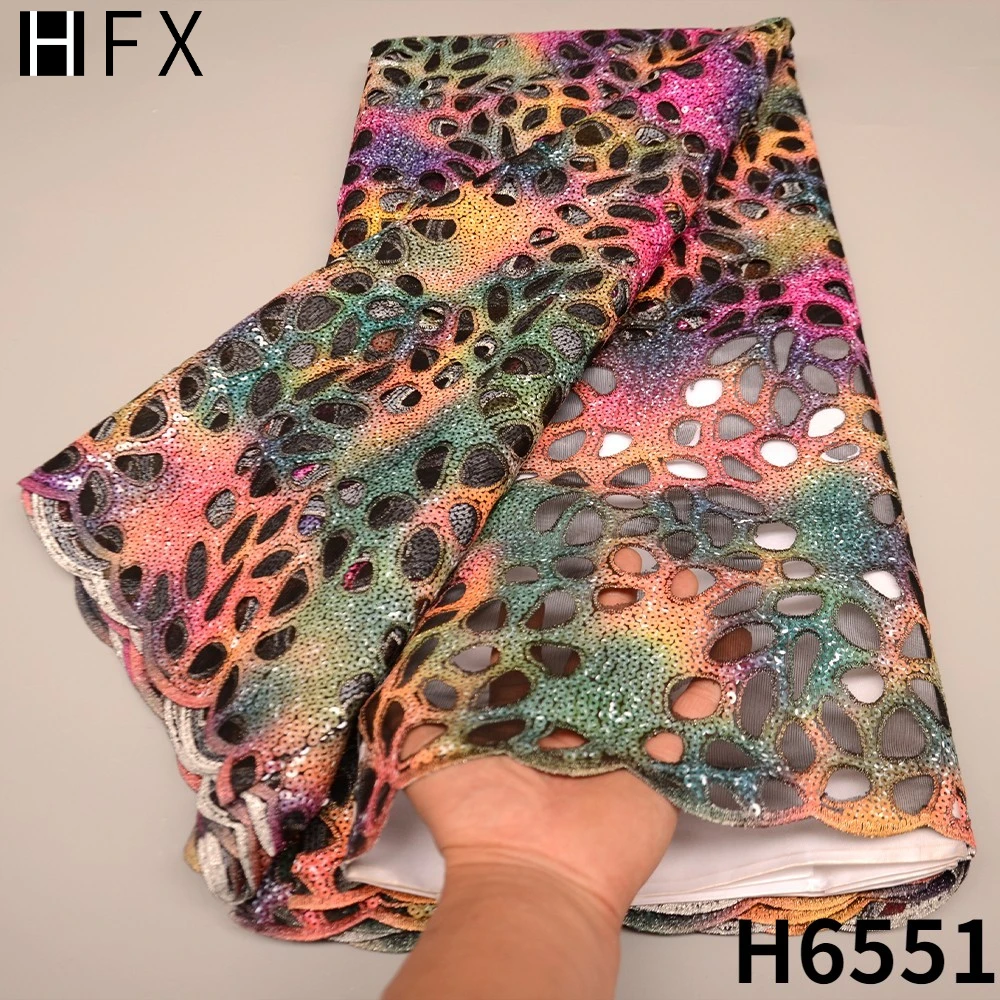 

HFX High Quality Handcut Organza Lace Fabrics Sequins Exclusive Nigerian Embroidery African Lace Fabric 5 Yard For Wedding Party