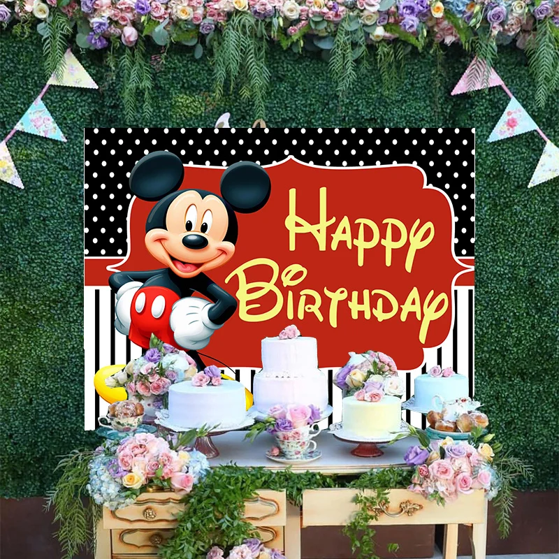 

Cartoon DisneyCute Mickey Minnie Mouse Dots Red Photography Backgrounds Banner Baby Happy Birthday Party Backdrop Decoration