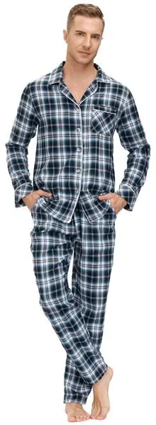 Mens Long Pajama Set Plaid Plaid Sleepwear Cotton Button Down PJ Set 56 M-2XL