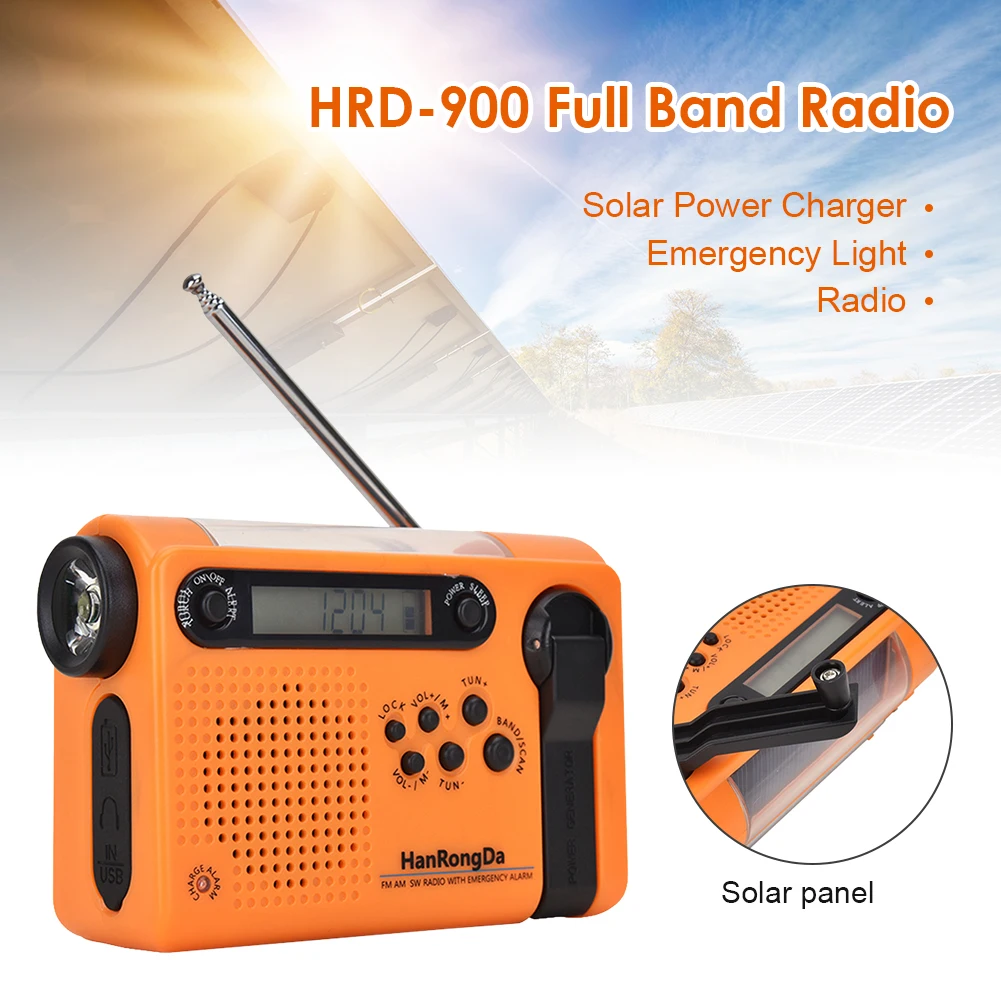 new portable hrd 900 disaster prevention emergency alarm led flashlight full band mobile phone charging solar charging radio free global shipping