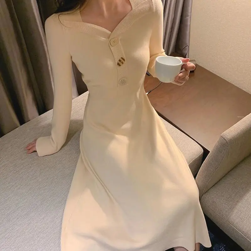 

Winter Woman Warm Knitted Vintage Loose Knee Dresses Female Knit Dresses Solid Straight Long Sleeve Sweater Dress Vestidos G67