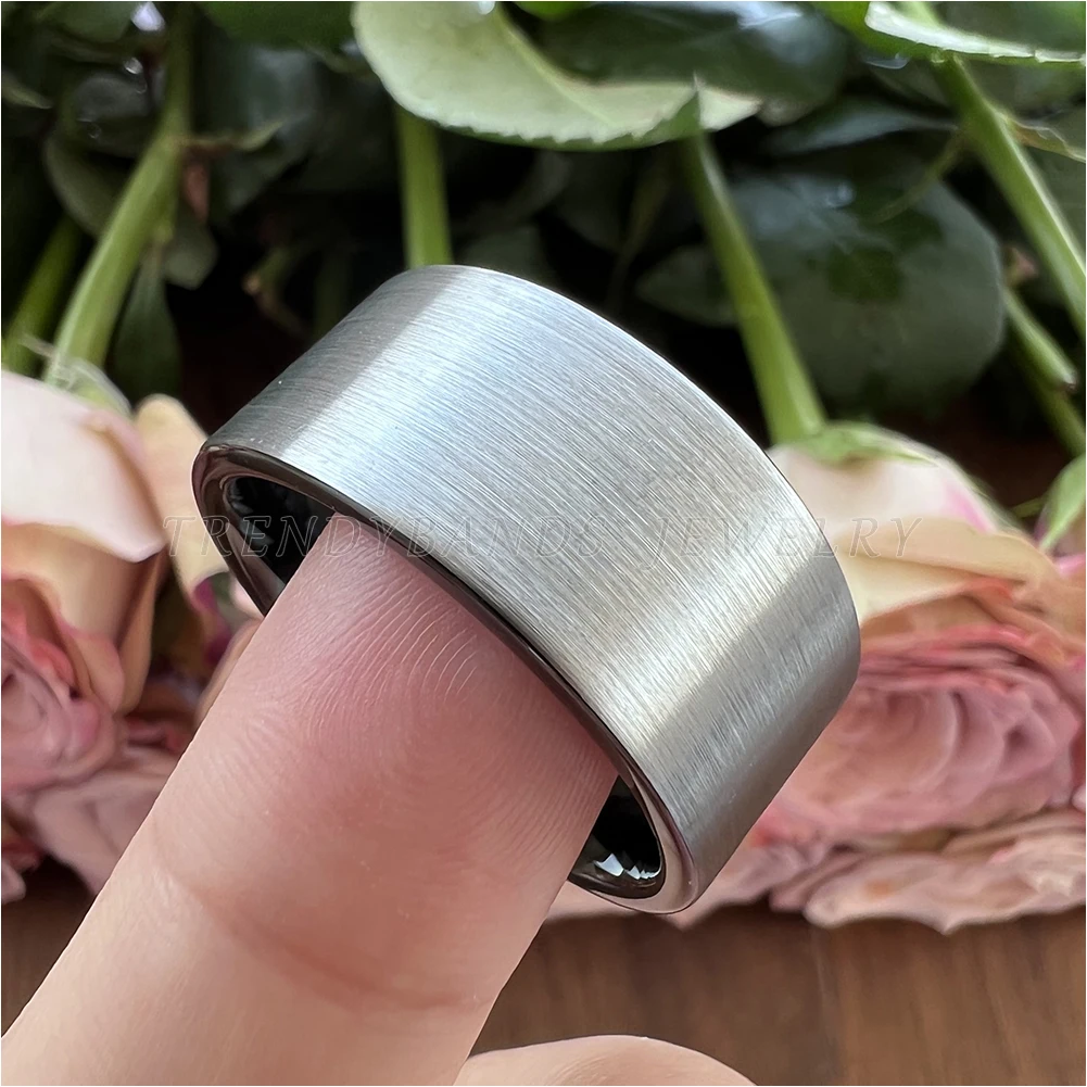 10mm 12mm Mens Womens Large Black Classic Tungsten Carbide Ring Wedding Band Pipe Cut Brushed Finish Comfort Fit