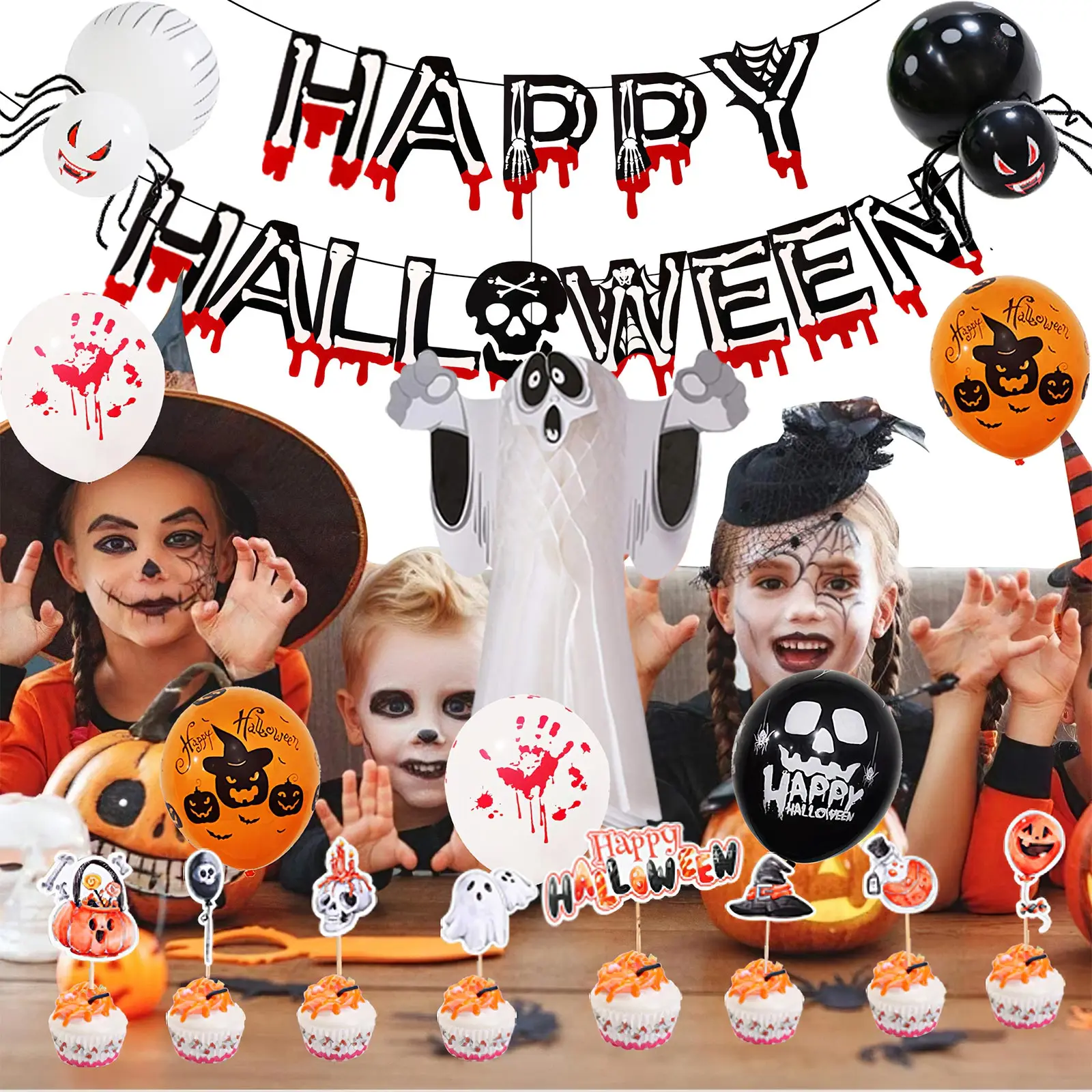 

32pcs Halloween Decorations For Home DIY Skull Balloons Paper Ghost Scary Pumpkin Tablecloth Banner For Halloween Party Props