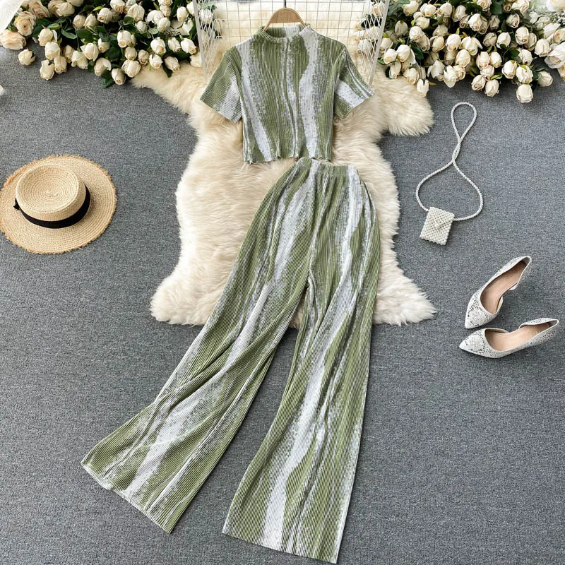 

Blue/Black/Green Striped 2pcs Set Women Summer Stand Collar Short Sleeve Tops + High Waist Pants Pleated Draped Suit Female 2022