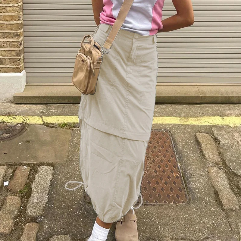 

Summer Spring Female Vintage Y2K Skirts Solid Color Zipper High Waist Mid-length Cargo Straight Skirt Drawstring Hem Women