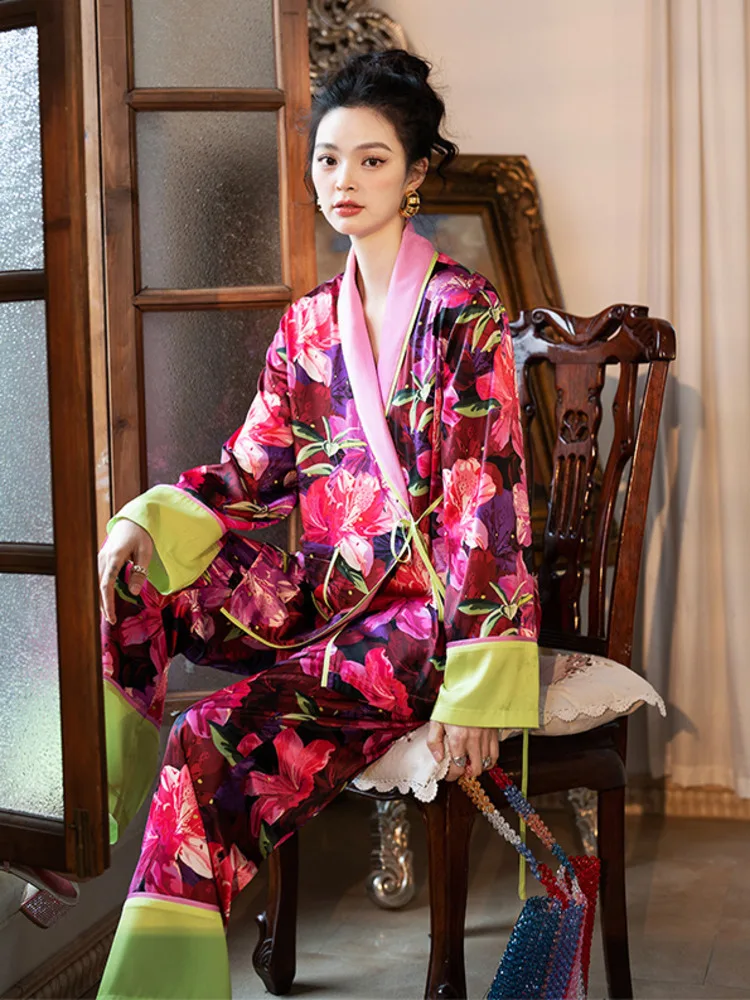 

TXii Garden Pajamas Long-sleeved Trousers Suit Imitation Silk Ice Silk Loose Lazy Green Fruit Collar Home Clothes Chunxin
