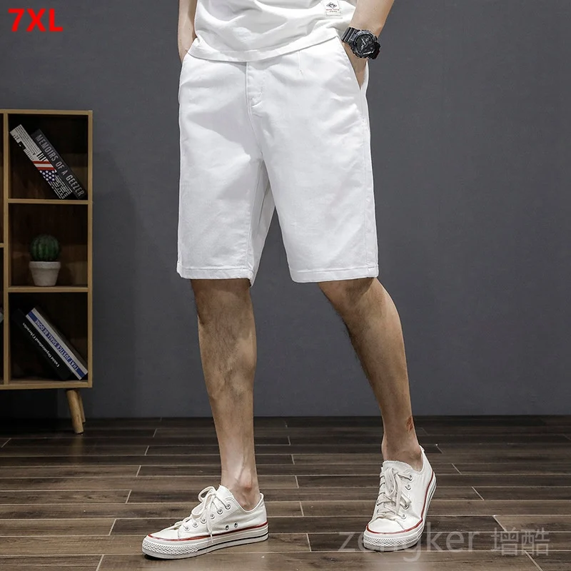 

Summer tide brand large size denim shorts men's loose pants elastic waist five-point pants breeches white shorts 7XL 6XL