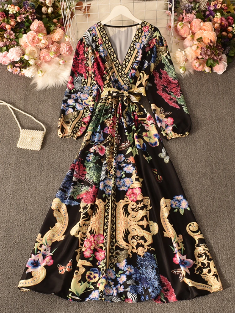 

FTLZZ Spring Autumn Women Vintage V-neck Floral Print Puff Sleeve Dresses Elegant High Waist Bandage A-line Lady Midi Dresses