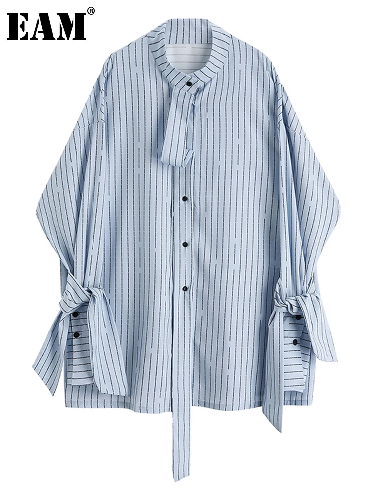 [EAM] Женская блузка в синюю полоску с лентой большого размера новая свободная