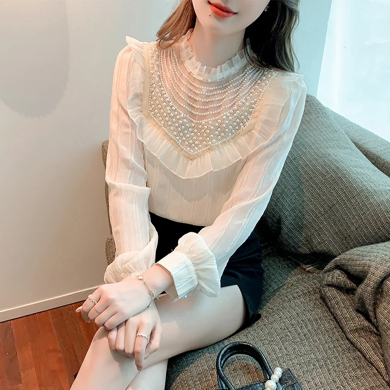 

Spring Women's Long Sleeve Beaded Round Neck Mesh Spliced Chiffon Women's Shirt Blusas Mujer Womens Tops Blusa Feminina C494