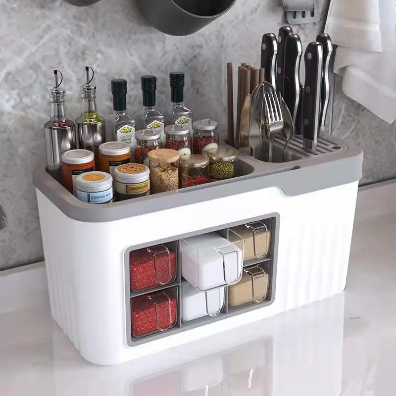 

Kitchen Seasoning Rack Plastic Floor-Standing Seasoning Storage Rack Multi-Function Knife Rack Oil, Salt, Sauce And Vinegar Fini