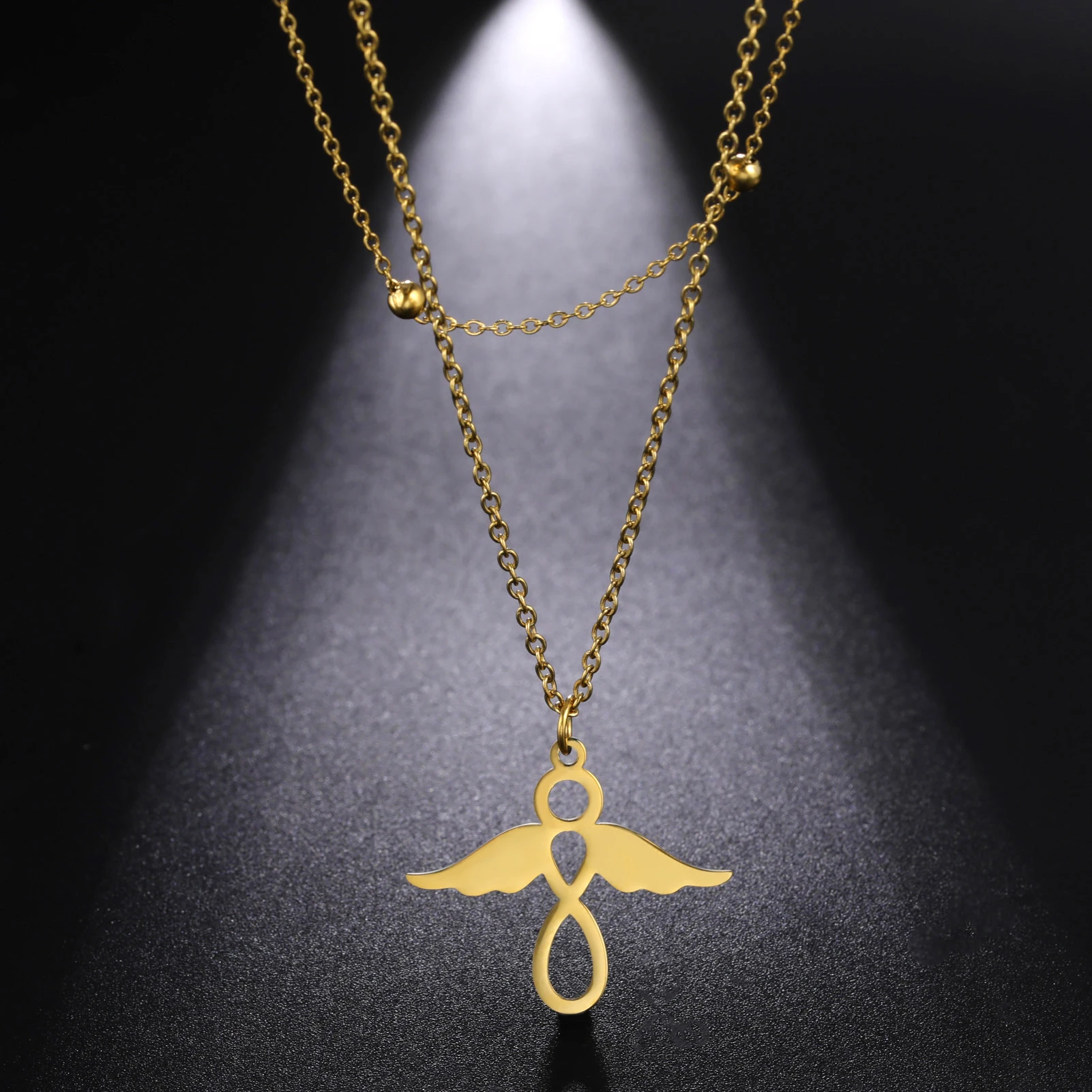 

Fashion Women's Necklace Winged Angel Symbol Pendant Necklace Stainless Steel Double Chain Necklace for Lover Wedding Gifts