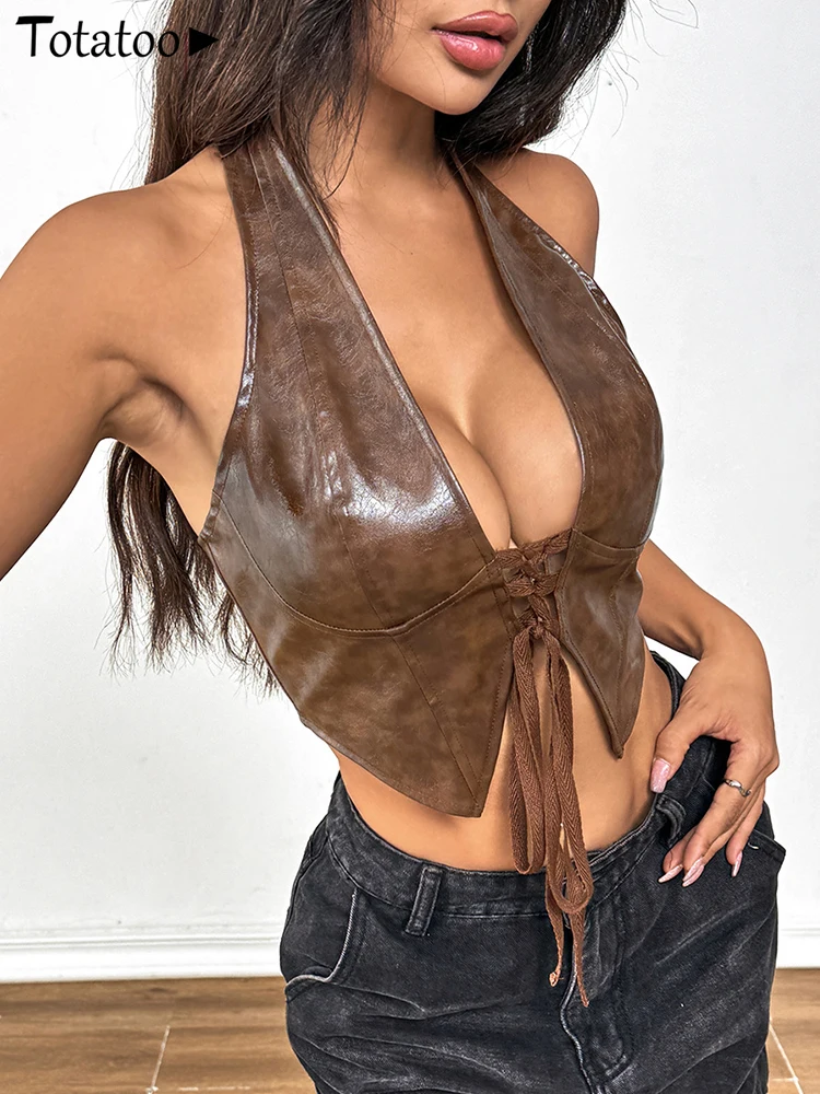 Totaoop Бандажный топ на шнуровке из искусственной кожи для женщин 2024 узкий