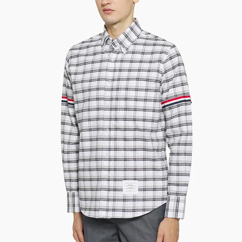 TB THOM Shirt Top Fashion Brand Gray Plaid Ribbon Armband Stripes Slim Fit Casual Men's Clothing Fine Cotton Long Sleeve W