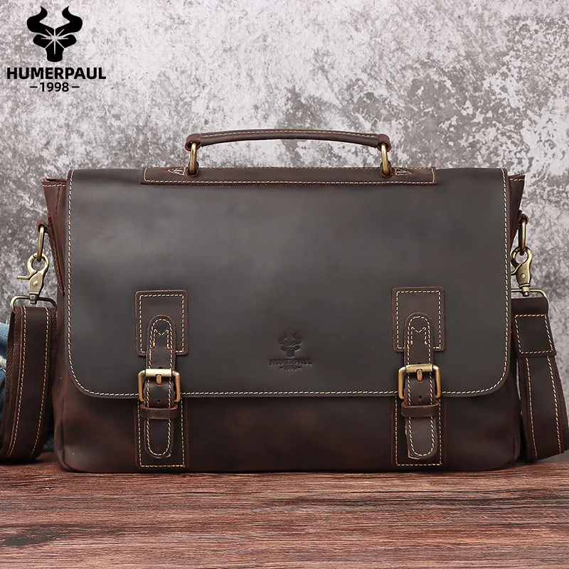 Crazy Horse Leather Office Bag for Men Business Briefcase Laptop Bag High Quality Shoulder Messenger Bags Capacity Cross Bags