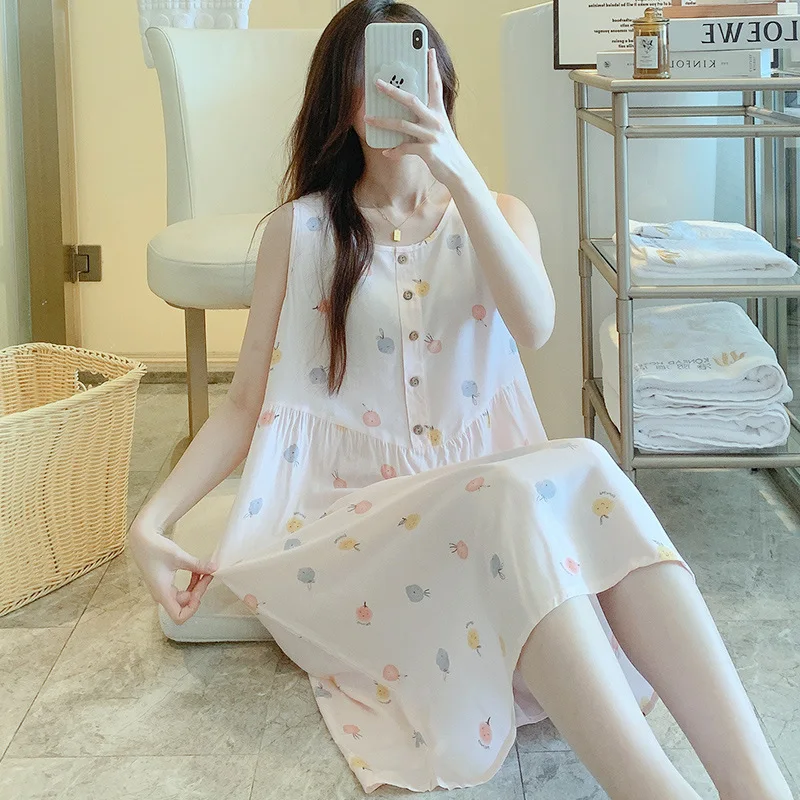 Round-neck Sleeveless Pajamas Big Size Women's Clothing Summer Nightgowns Attractive Nightwear Sleevewear Printing Loungewear