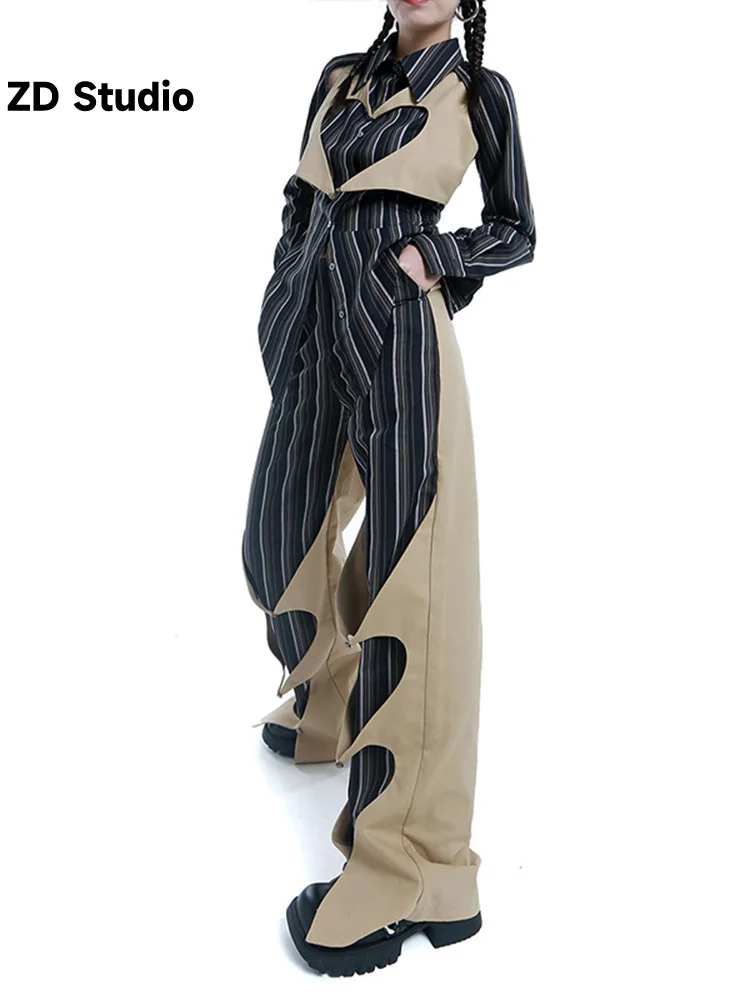 

[ZD Studio] Women Blue Striped Size Irregular Blouse New Lapel Long Sleeve Loose Fit Shirt Fashion Spring Autumn 2023 1DE7674