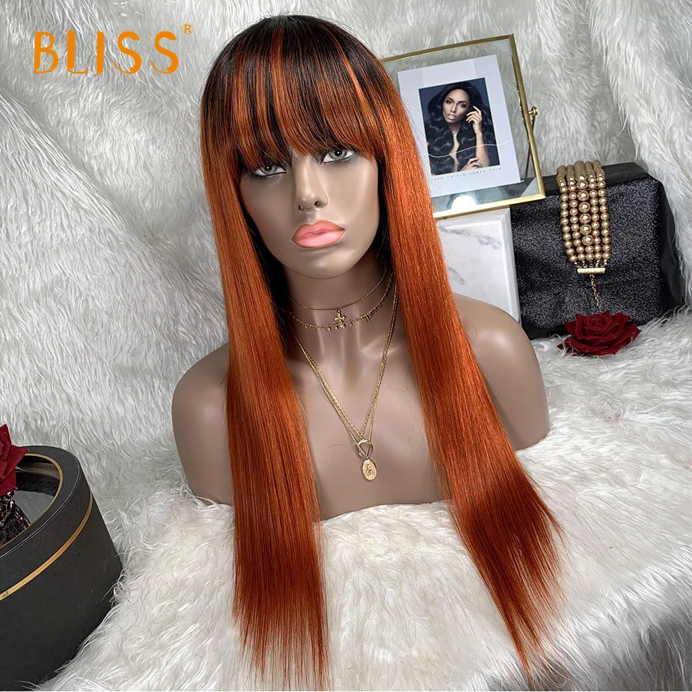 Bliss Straight Human Hair Wig with Bangs for Black Women Full Machine Made Wig Brazilian Remy Hair Colorful Wig Party Cosplay