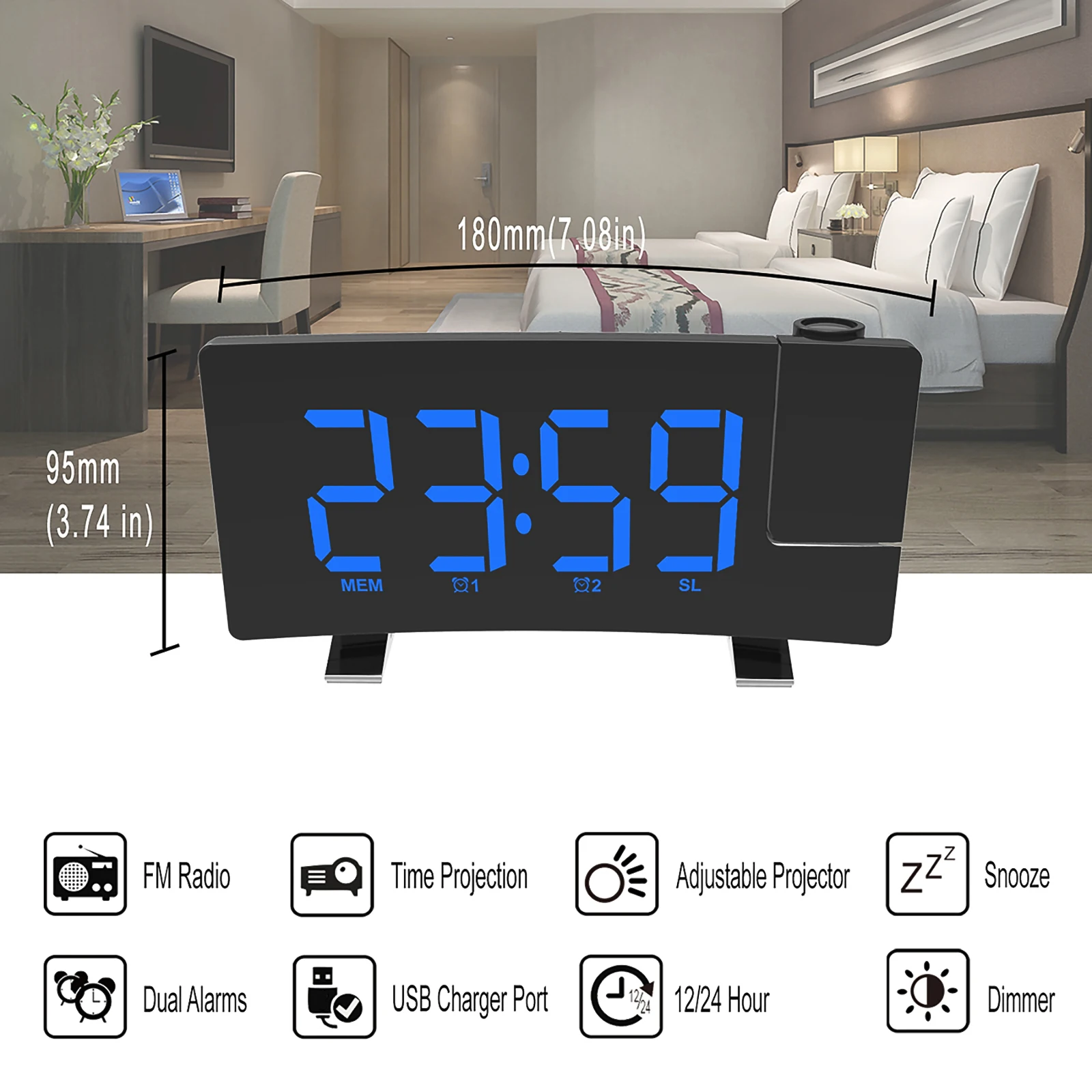 

FM Radio Projection LED Digital Clock Smart Dual Alarm Clocks USB Port Electronic Desktop Clocks Backlight Home Table Decoration