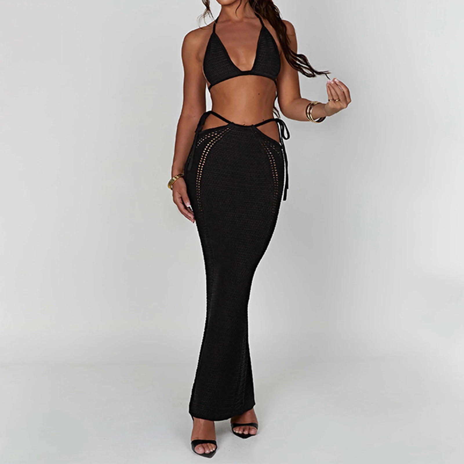 

Женский топ на бретельках + длинная юбка, трикотажный топ на шнуровке + облегающая юбка без рукавов, модная юбка с открытой спиной, полый женский клубный наряд